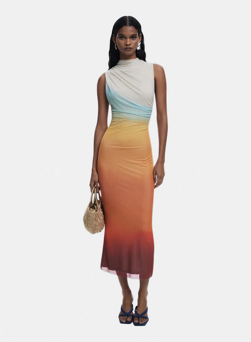 Midi dress in tulle, sleeveless, round neck and front draping